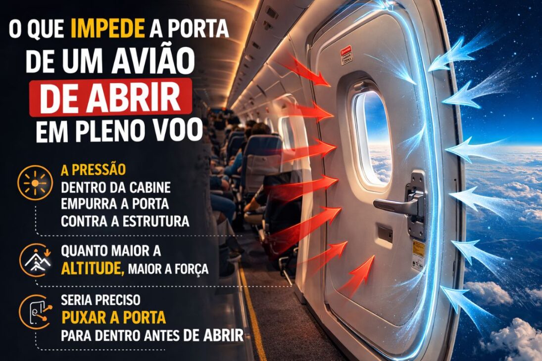 En el avión comercial, la puerta del avión no se abre en vuelo porque la presión interna sella la aeronave e impide la apertura por parte de los pasajeros.