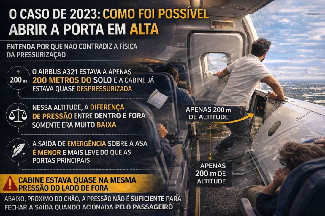 En el avión comercial, la puerta del avión no se abre en vuelo porque la presión interna sella la aeronave e impide la apertura por parte de los pasajeros.