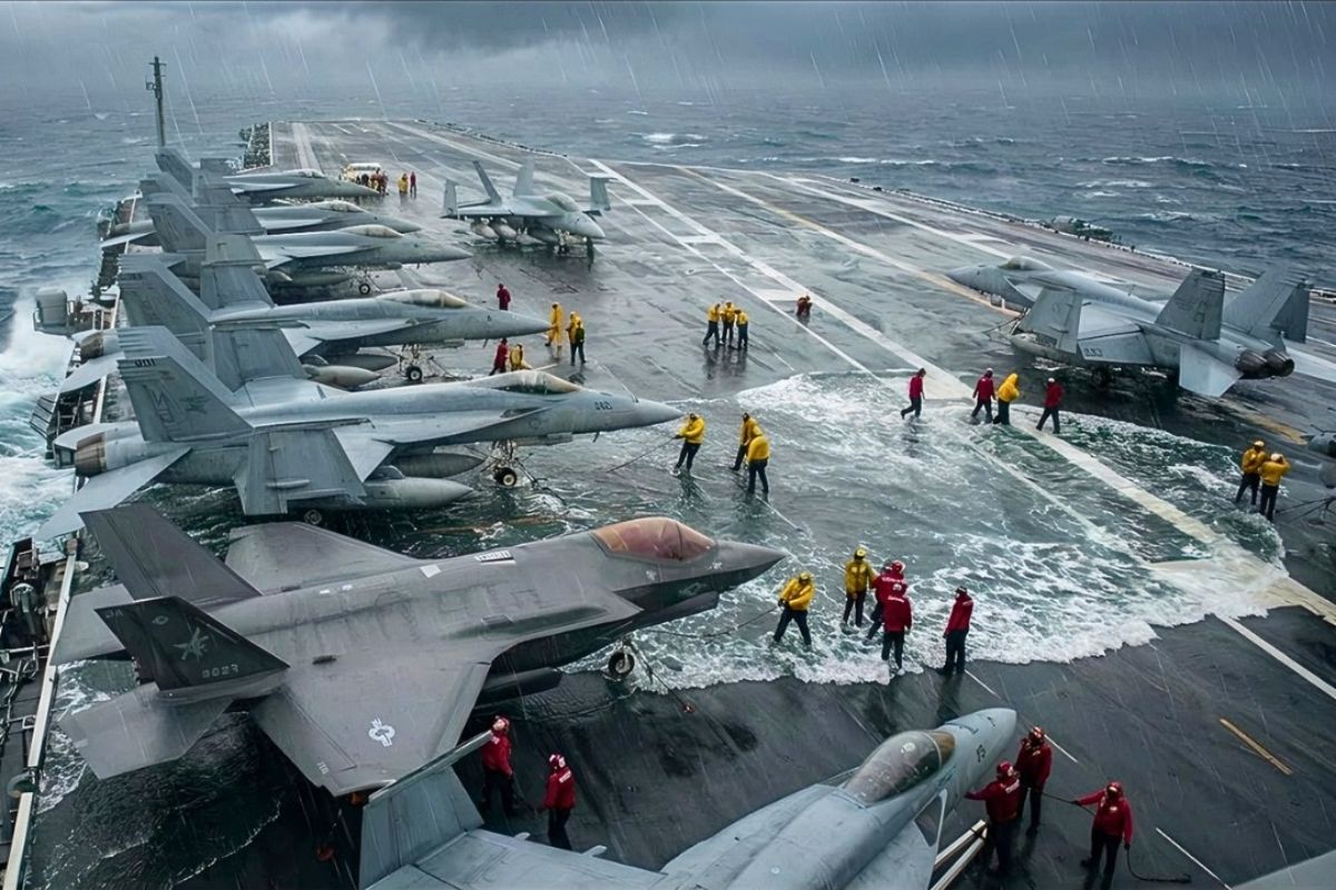 Porta-aviões enfrenta tempestade com jatos presos no convés e parte protegida no hangar, onde um único elo mal fixado pode transformar bilhões em perda imediata no oceano.
