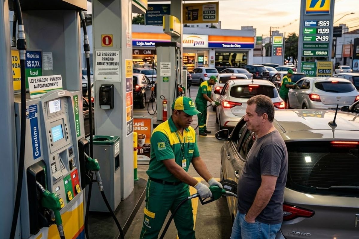 Abastecer o próprio carro no Brasil segue proibido; frentistas, segurança e gasolina mantêm o debate sobre custo e liberdade.