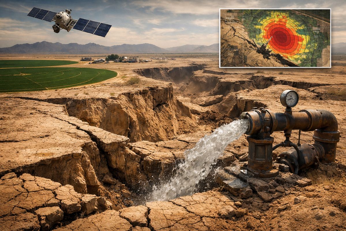 Arizona afundando na Bacia de Willcox: InSAR mostra subsidência ligada à água subterrânea que some e faz o solo ceder.