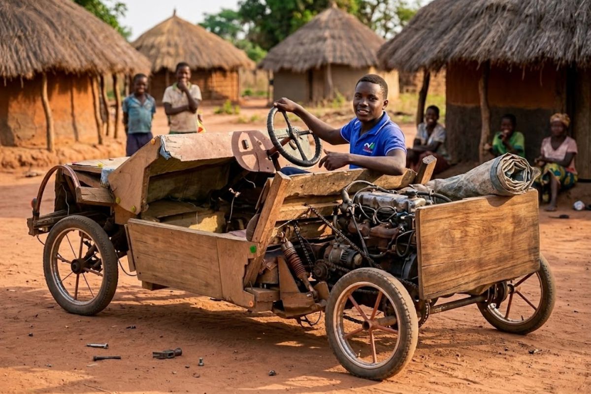 Em Uganda, um jovem agricultor usa madeira e motor usado para criar o primeiro carro de sua vila.