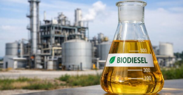 Frasco com biodiesel em primeiro plano e usina de biocombustível ao fundo representando o investimento de R$ 1,25 bilhão em nova planta de biodiesel no Rio Grande do Sul.