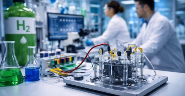 Equipamento de laboratório em destaque usado em pesquisa de hidrogênio verde, com cientistas desfocados ao fundo em ambiente científico moderno.