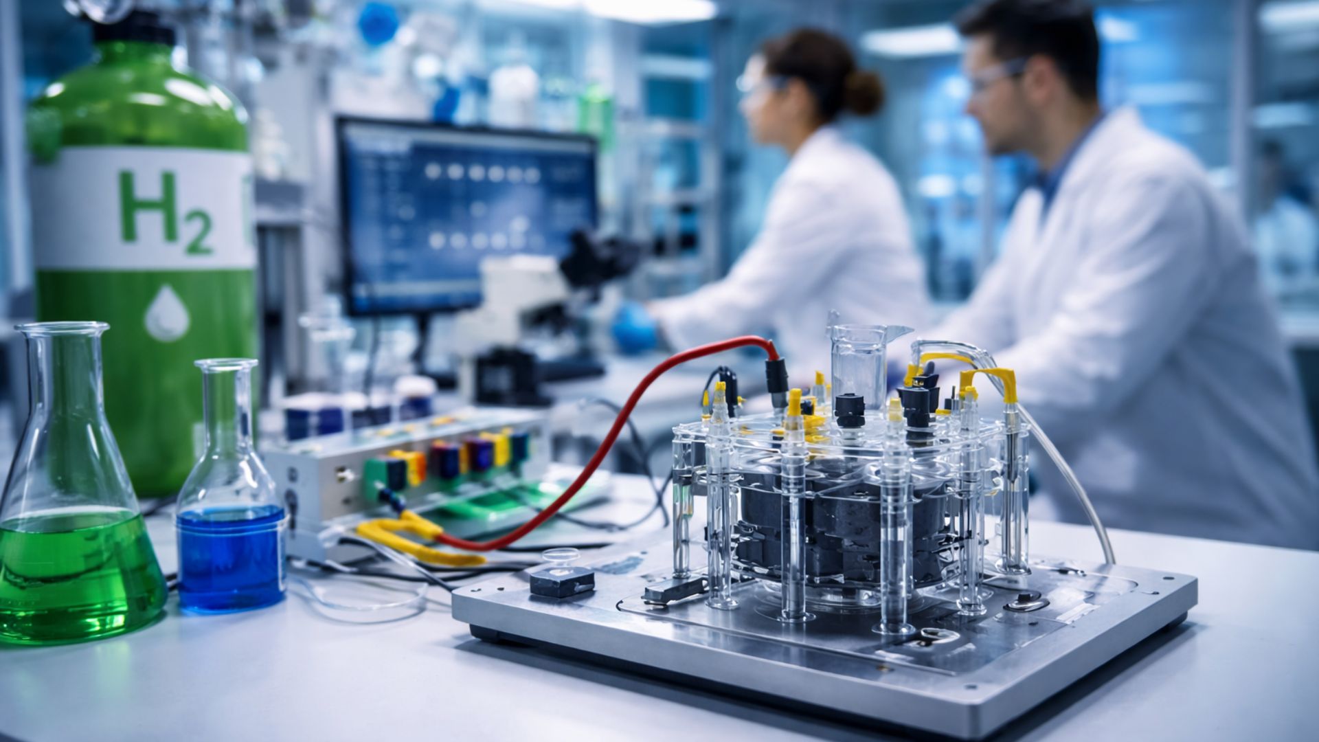 Equipamento de laboratório em destaque usado em pesquisa de hidrogênio verde, com cientistas desfocados ao fundo em ambiente científico moderno.