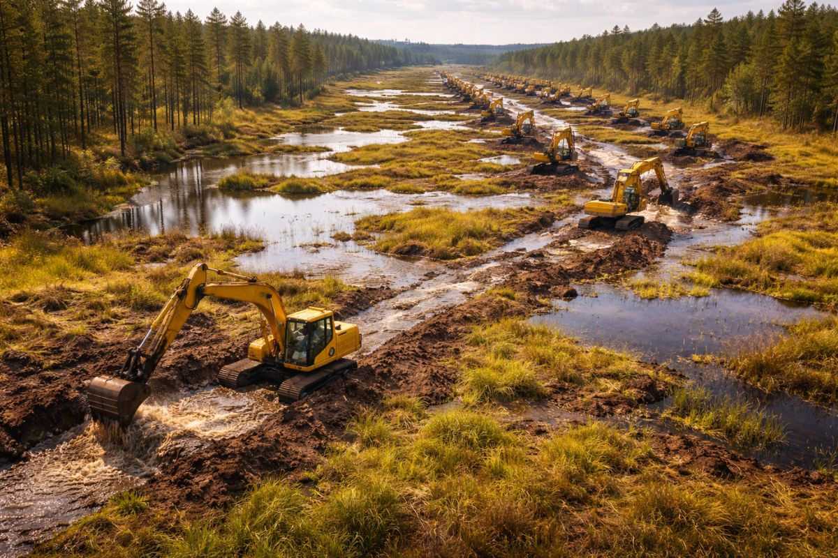 Restauração de áreas úmidas na Suécia avança com a SCA, fecha valas, reumedece turfeiras e soma 1.165 hectares recuperados entre 2021 e 2025.