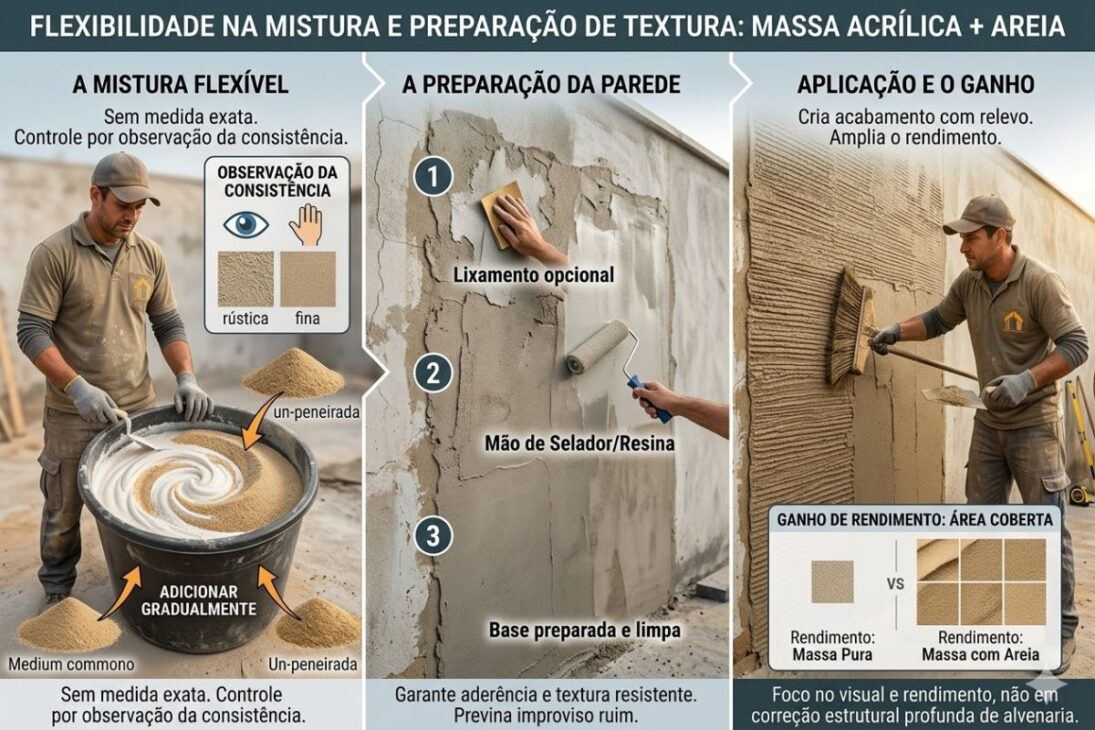 La mezcla simple con masa acrílica, arena común y escoba vieja crea textura resistente, mejora el rendimiento y puede abaratar el acabado de paredes internas y externas.