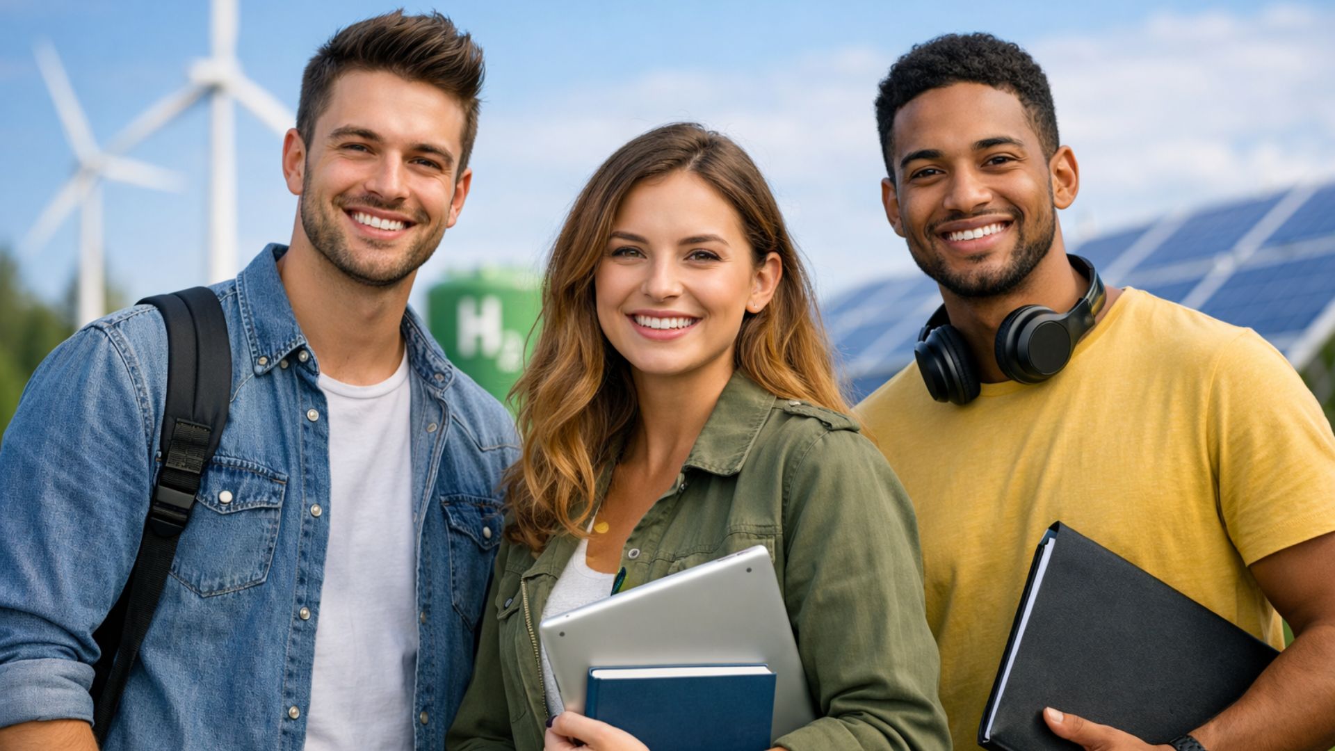 Três estudantes sorrindo em primeiro plano com turbinas eólicas e painéis solares desfocados ao fundo, representando formação profissional em energias renováveis.