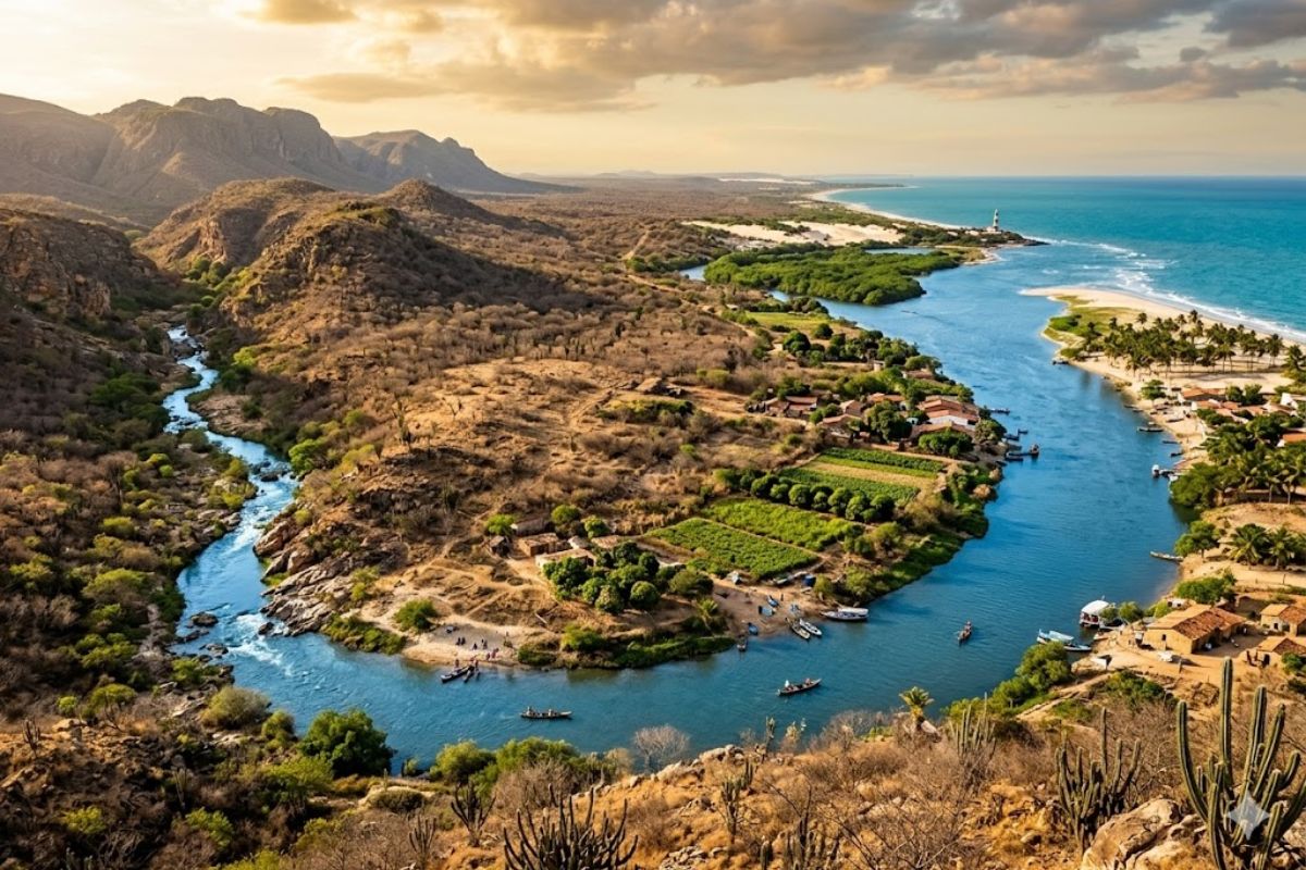 Velho Chico nasce na Serra da Canastra, atravessa o sertão, sustenta a Caatinga e chega ao Oceano Atlântico como o rio que mantém cidades, biodiversidade e milhões de pessoas no Brasil.