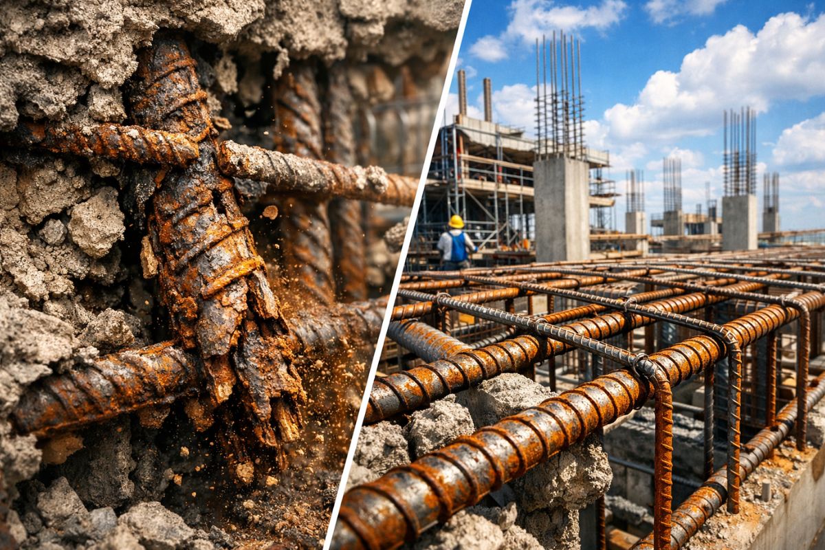 Vergalhão enferrujado pode ir no concreto Entenda quando a ferrugem superficial não compromete a estrutura, quando vira corrosão perigosa que reduz o diâmetro do aço (1)