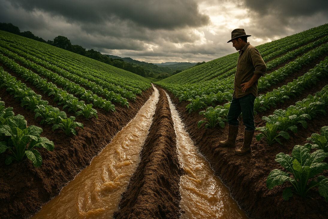 Agricultores comenzaron a abrir zanjas superficiales alrededor de los cultivos y crearon un sistema simple de drenaje que dirige el agua de la lluvia, reduce avenidas y ayuda a proteger el suelo contra erosión en terrenos inclinados