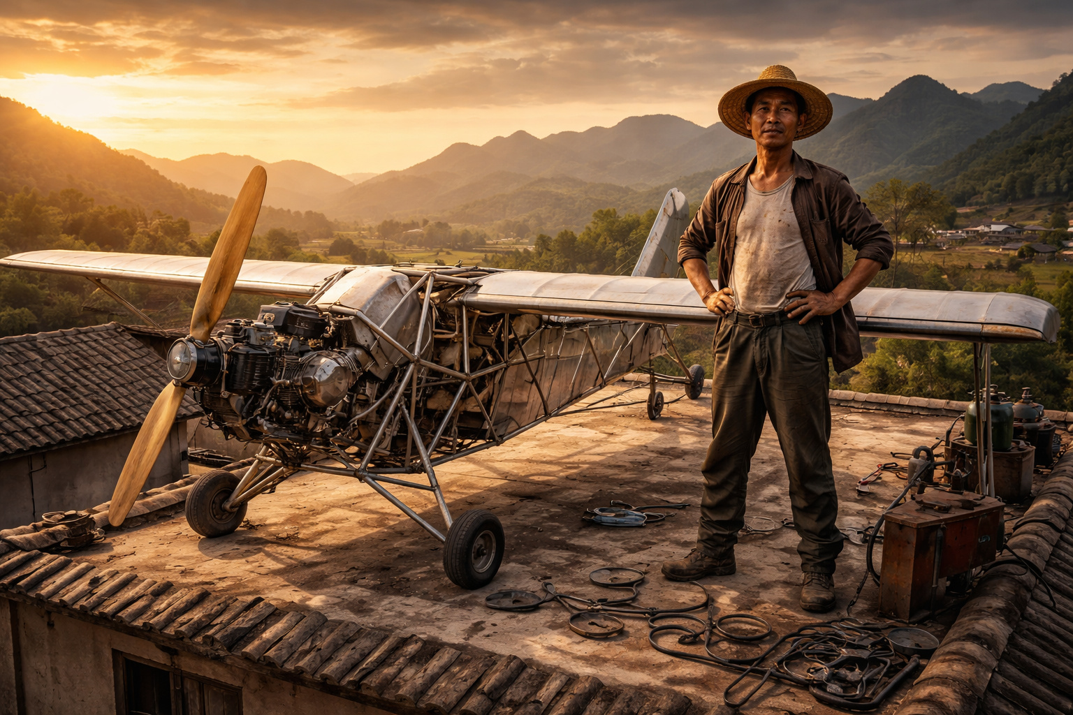Sem nunca ter entrado em uma escola de aviação, um agricultor chinês passou anos estudando aerodinâmica sozinho e terminou de construir no telhado de casa um avião movido a motor de moto