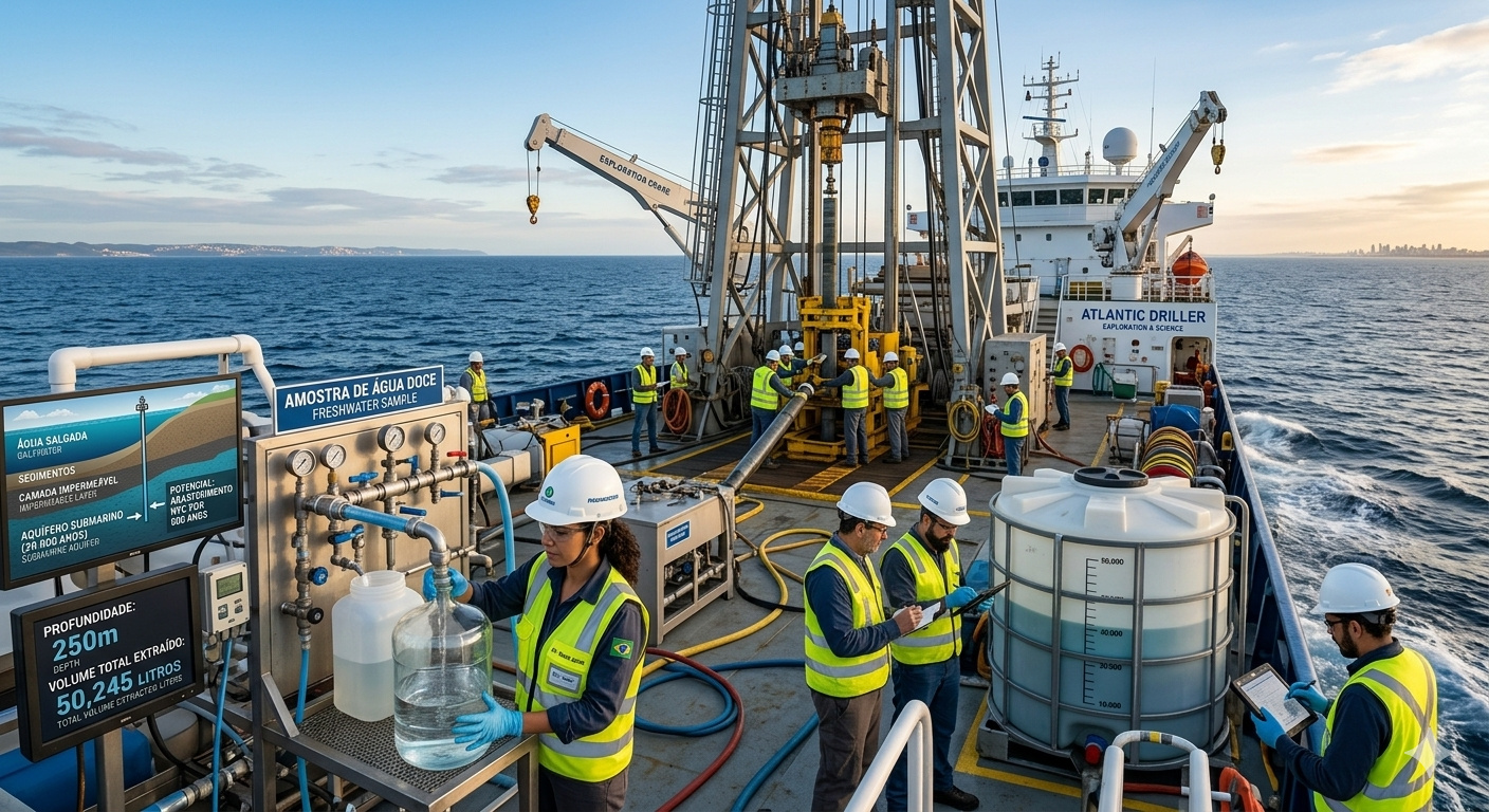 Geólogos encontram água doce no fundo do Atlântico desde os anos 1960 e não sabiam explicar em 2025, a primeira expedição perfurou o oceano para investigar e extraiu 50.000 litros de amostras de um aquífero de 20 mil anos que pode abastecer Nova York por 800 anos