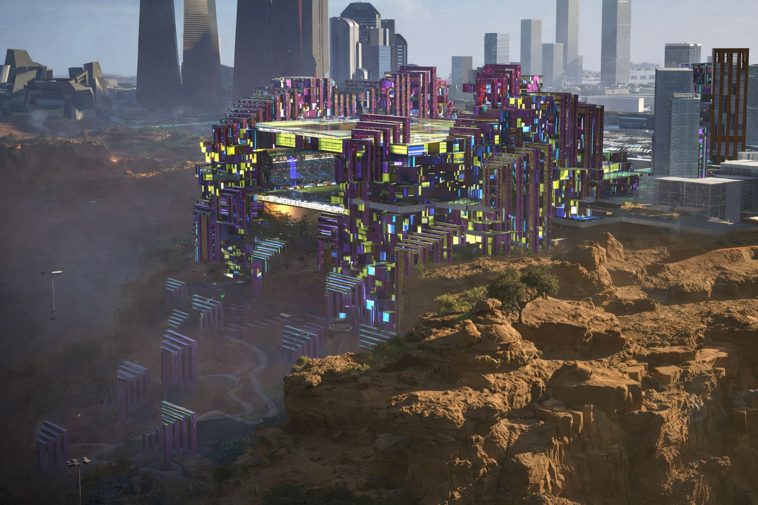 Projeto futurista de estádio elevado na Arábia Saudita para a Copa do Mundo de 2034, com estrutura arquitetônica moderna integrada ao cenário urbano