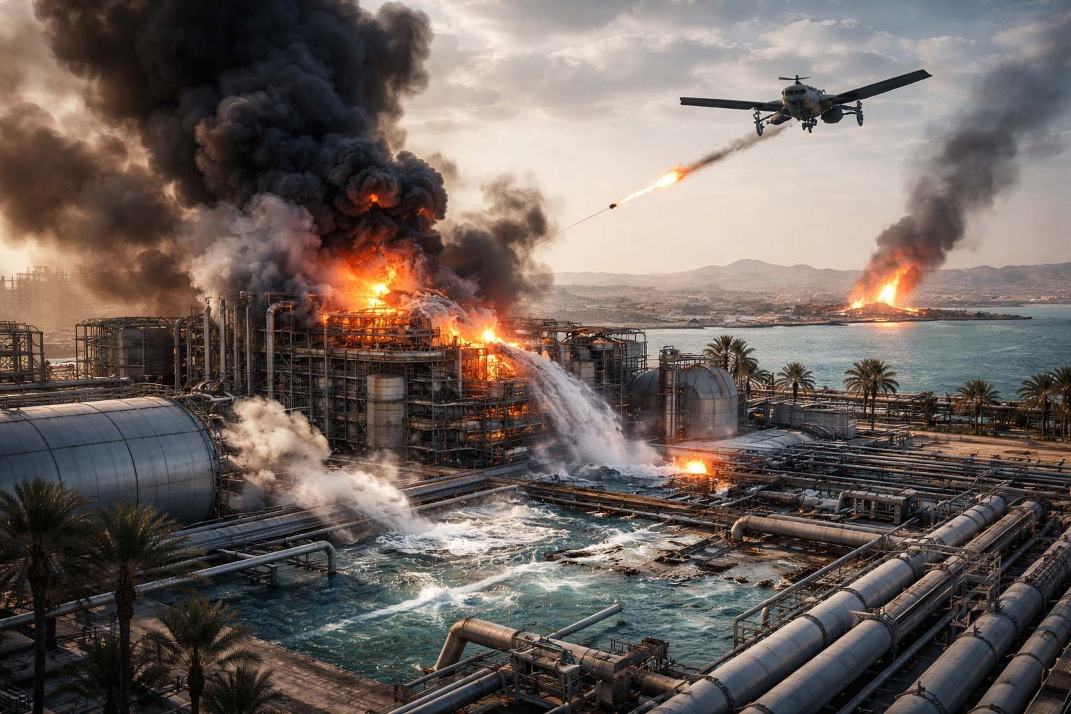 Usina de dessalinização no Oriente Médio próxima ao mar com infraestrutura industrial e sistemas de tubulação responsáveis pela produção de água potável em região desértica