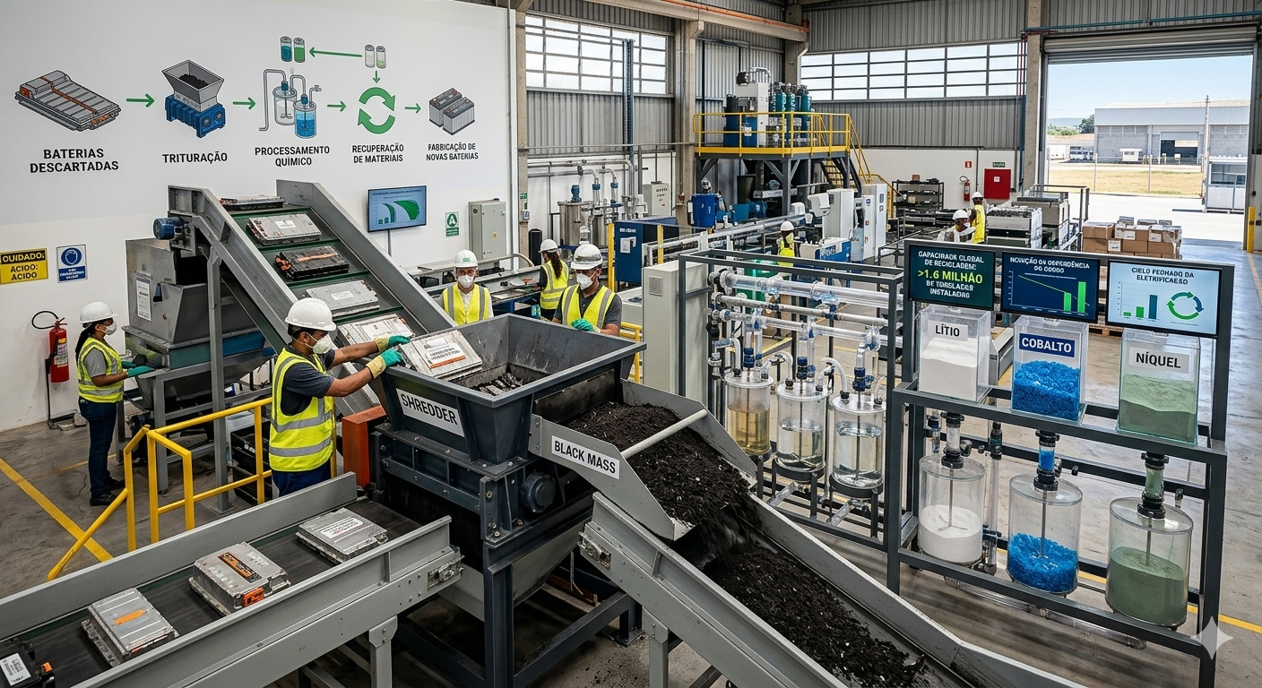 Bateria "morta" de carro elétrico virou matéria-prima: como mais de 1,6 milhão de toneladas de capacidade de reciclagem já instalada no mundo estão recuperando lítio, cobalto e níquel, reduzindo a dependência do Congo e fechando o ciclo da eletrificação sem minerar do zero