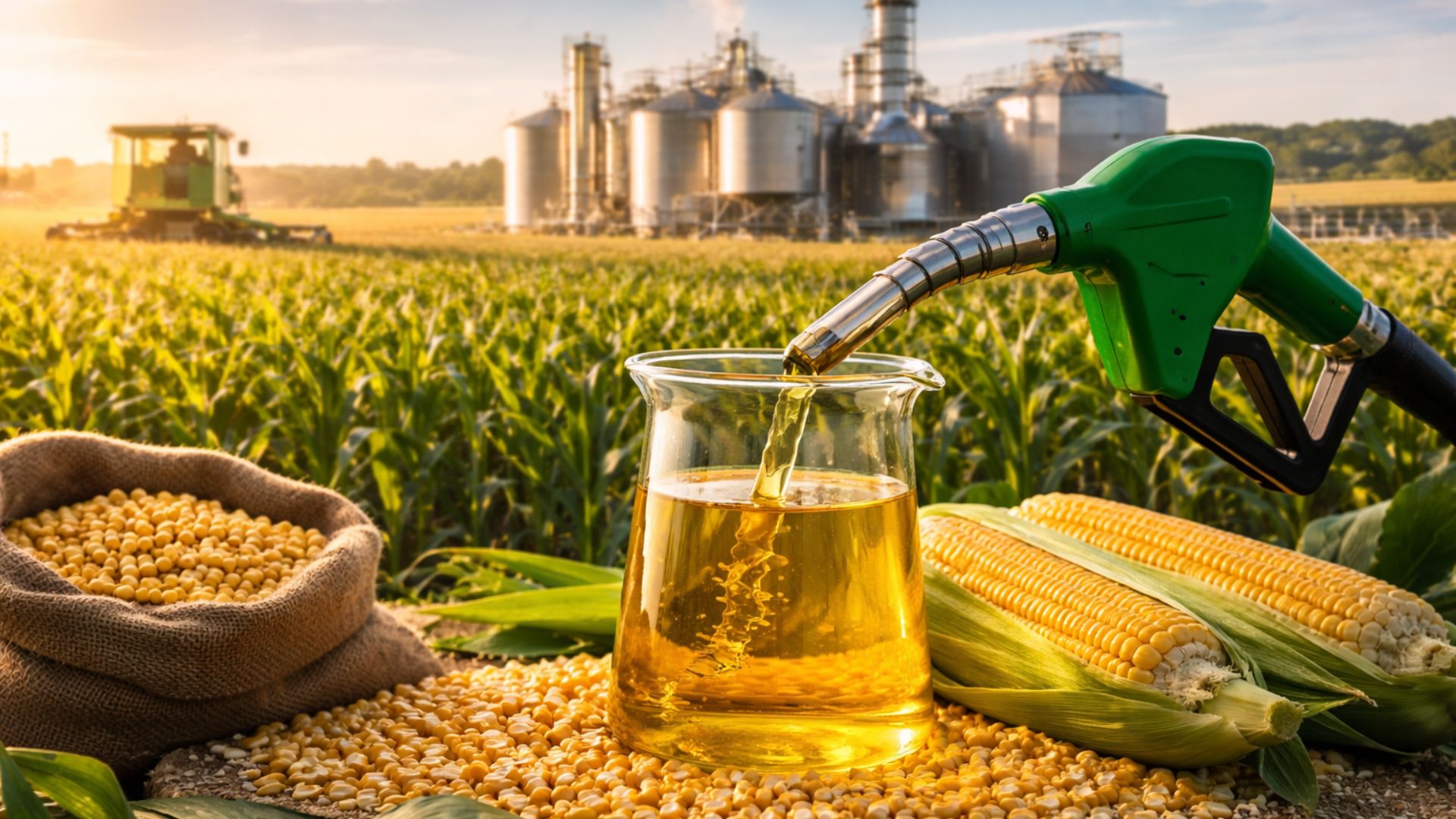Etanol sendo despejado em recipiente de vidro sobre grãos de milho e soja, com lavoura ao fundo e usina de biocombustível em operação no campo.