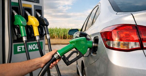 Carro flex abastecendo com etanol em posto de combustível, destacando o papel dos biocombustíveis na segurança energética do Brasil diante da volatilidade do petróleo.