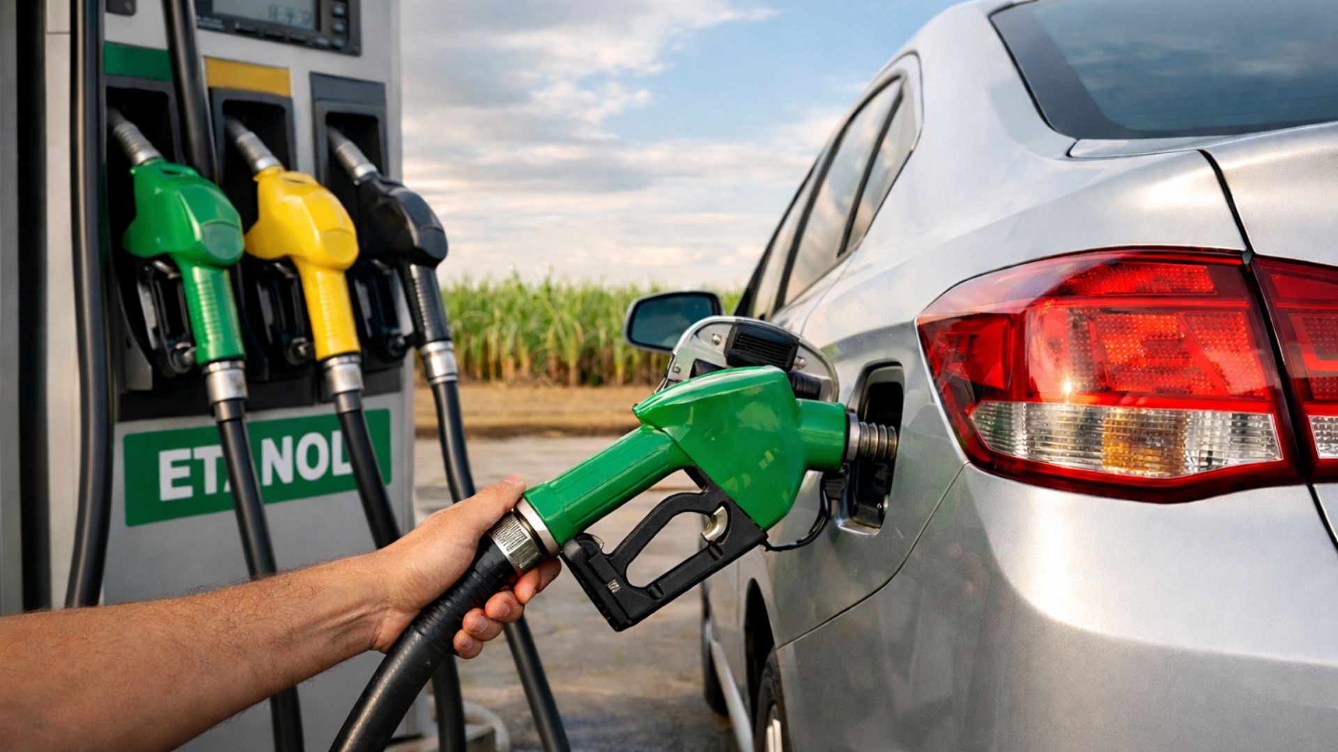 Carro flex abastecendo com etanol em posto de combustível, destacando o papel dos biocombustíveis na segurança energética do Brasil diante da volatilidade do petróleo.