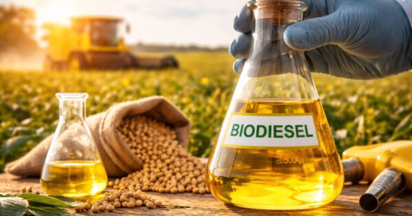 Frasco de biodiesel em laboratório com soja ao redor e colheitadeira ao fundo em lavoura, representando biocombustíveis e produção agrícola no Brasil.