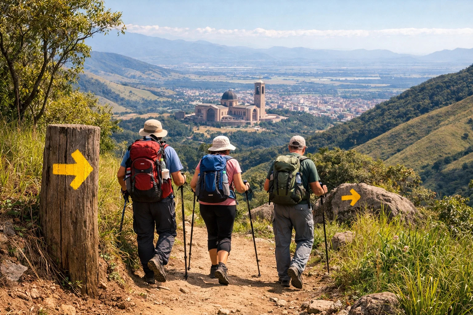 peregrinos caminhando no Caminho da Fé nas montanhas da Serra da Mantiqueira rumo ao Santuário de Aparecida