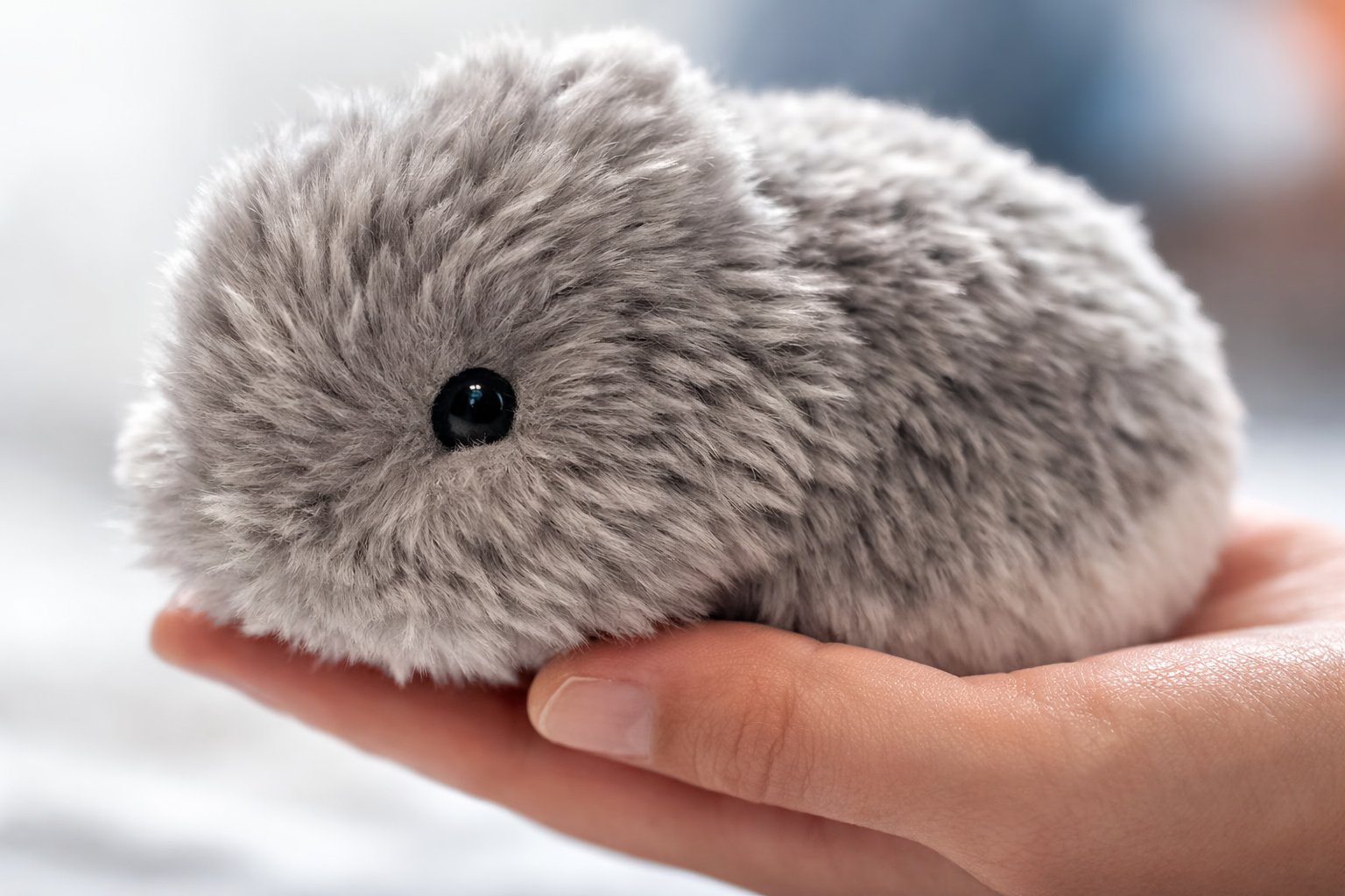 Pet robótico Moflin da Casio com revestimento de pelúcia, apoiado na mão de uma pessoa, ilustrando o dispositivo de companhia emocional com inteligência artificial.