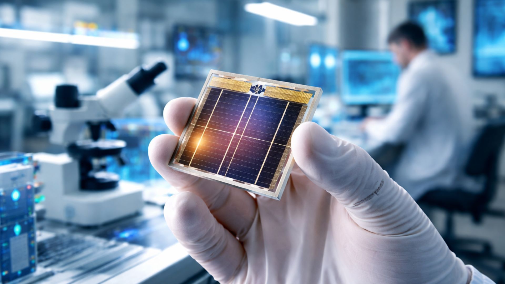 Pesquisador segura uma pequena célula solar experimental em laboratório enquanto equipamentos científicos e microscópio aparecem desfocados ao fundo.