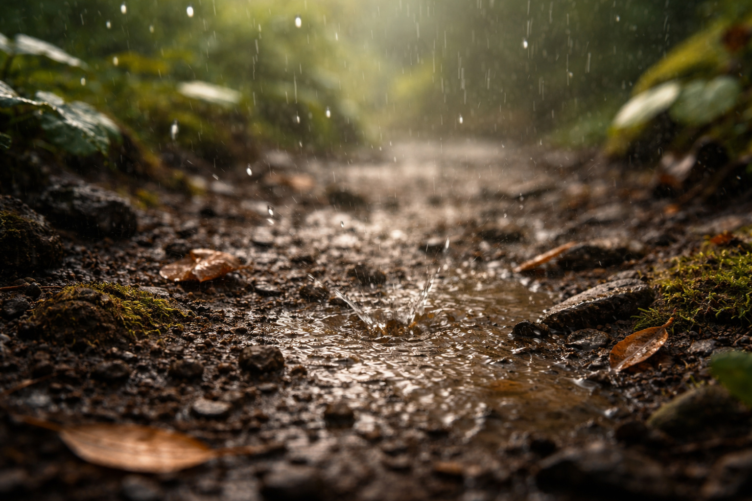 Primeiras gotas de chuva atingindo o solo seco e levantando partículas de terra molhada que liberam o cheiro característico conhecido como petrichor.