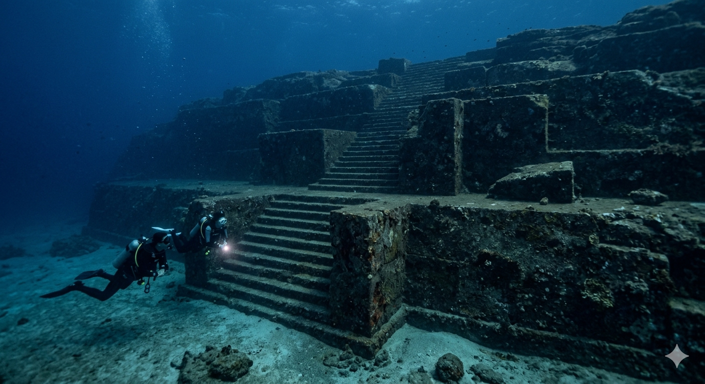 Mergulhadores exploraram a costa da ilha de Yonaguni, no Japão, e encontram uma gigantesca estrutura de pedra com degraus perfeitamente alinhados, 100 metros de comprimento e 25 metros de altura no fundo do mar, intrigando cientistas que até hoje discutem se o monumento é obra de uma civilização antiga ou apenas uma formação natural moldada por terremotos