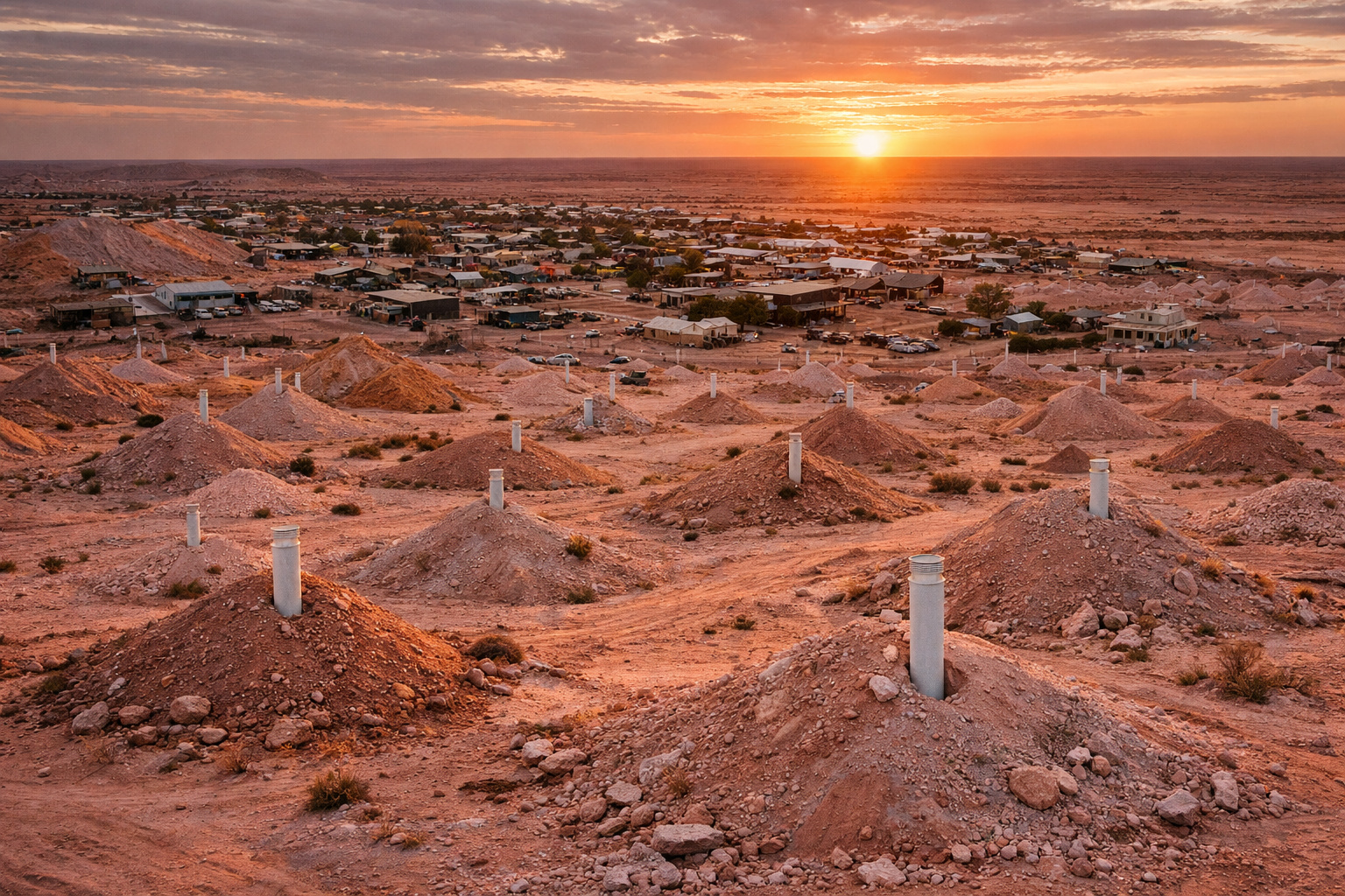 Vista aérea de Coober Pedy com montes de areia e tubos de ventilação no deserto australiano