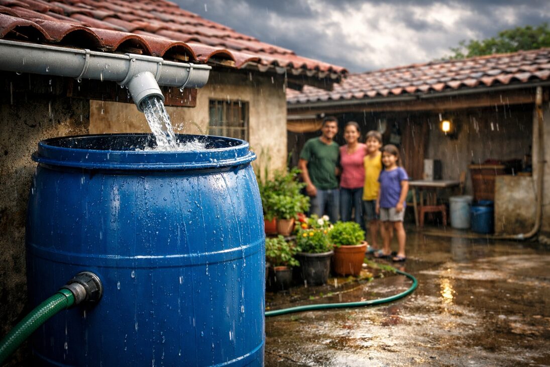 Familia instala cisterna casera usando galón de 200 litros conectado al canalón del techo, ahorra R$ 40 por mes en la factura de agua y capta hasta 150 litros en cada lluvia de 10 mm para usar en macetas, jardín y lavado del patio