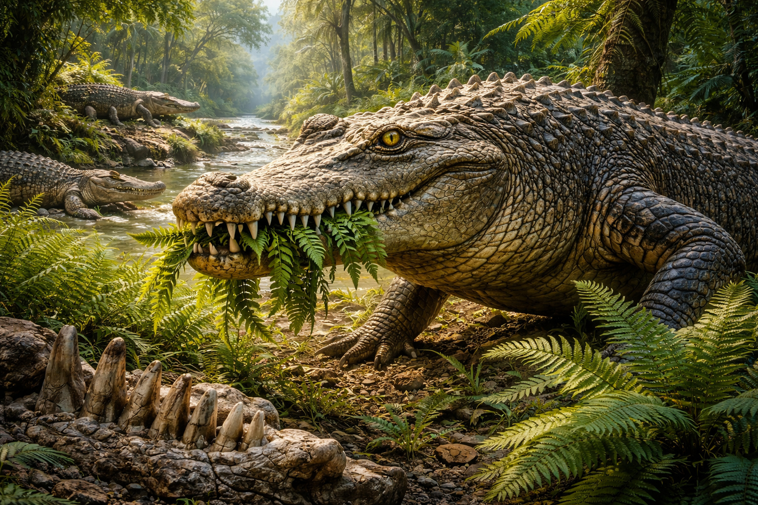 Ilustração realista de crocodiliforme pré-histórico comendo vegetação em ambiente semelhante ao período Triássico, representando hipótese de dieta herbívora identificada em estudo com dentes fósseis.