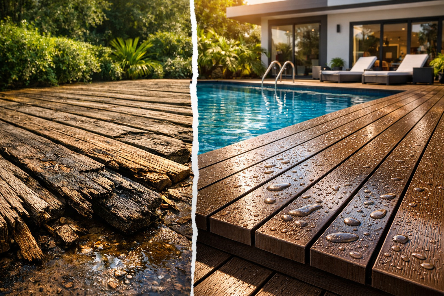 Madeira plástica feita com resíduos reciclados pode durar mais de 30 anos sem apodrecer, resistir a chuva e sol intenso e está substituindo decks e estruturas de madeira natural em jardins, piscinas e áreas externas