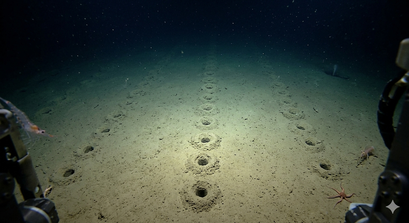 A 2.540 metros de profundidade na Dorsal Mesoatlântica, cientistas da NOAA encontraram fileiras de buracos perfeitamente alinhados no fundo do oceano, cada um cercado por pequenos montes de sedimento, o padrão é tão preciso que parece artificial, mas até hoje ninguém sabe o que os criou