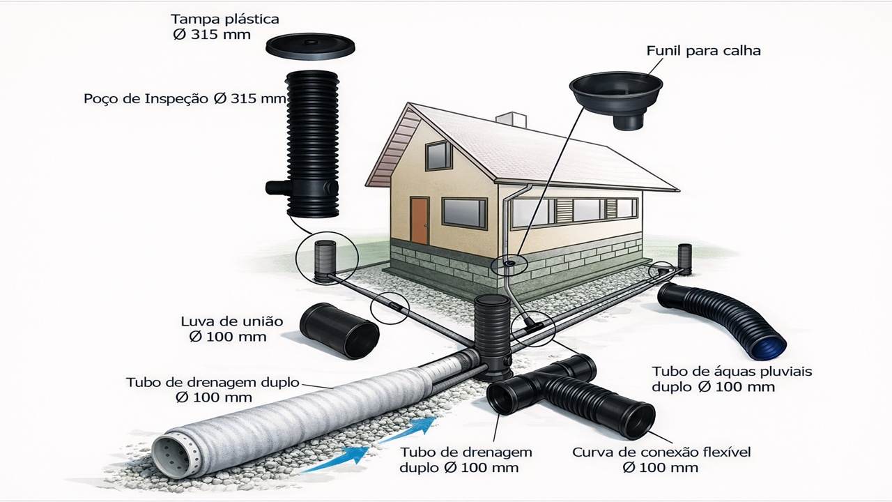 Con tubo PVC de 100 mm y manta geotéxtil, técnico enseña drenaje perimetral que protege fundación contra infiltración y cuesta menos de R$ 500, mucho más barato que romper piso y rehacer estructura