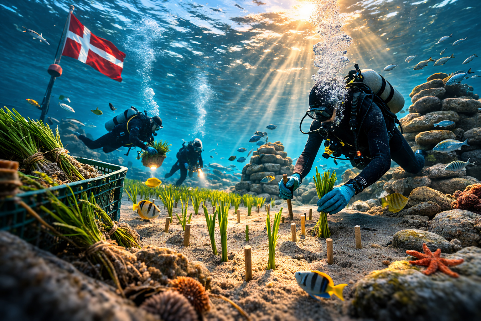 Dinamarca inicia restauração de baía de 80 mil hectares plantando 100 mil brotos de ervas marinhas fixados com pregos biodegradáveis por mergulhadores voluntários e reconstruindo 6 mil m³ de recifes de pedra; projeto recebeu investimento de 33 milhões de coroas dinamarquesas