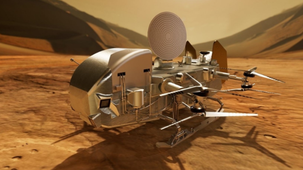 Representación artística del Dragonfly, el primer helicóptero de la NASA en explorar Titán / Créditos: NASA/Johns Hopkins APL