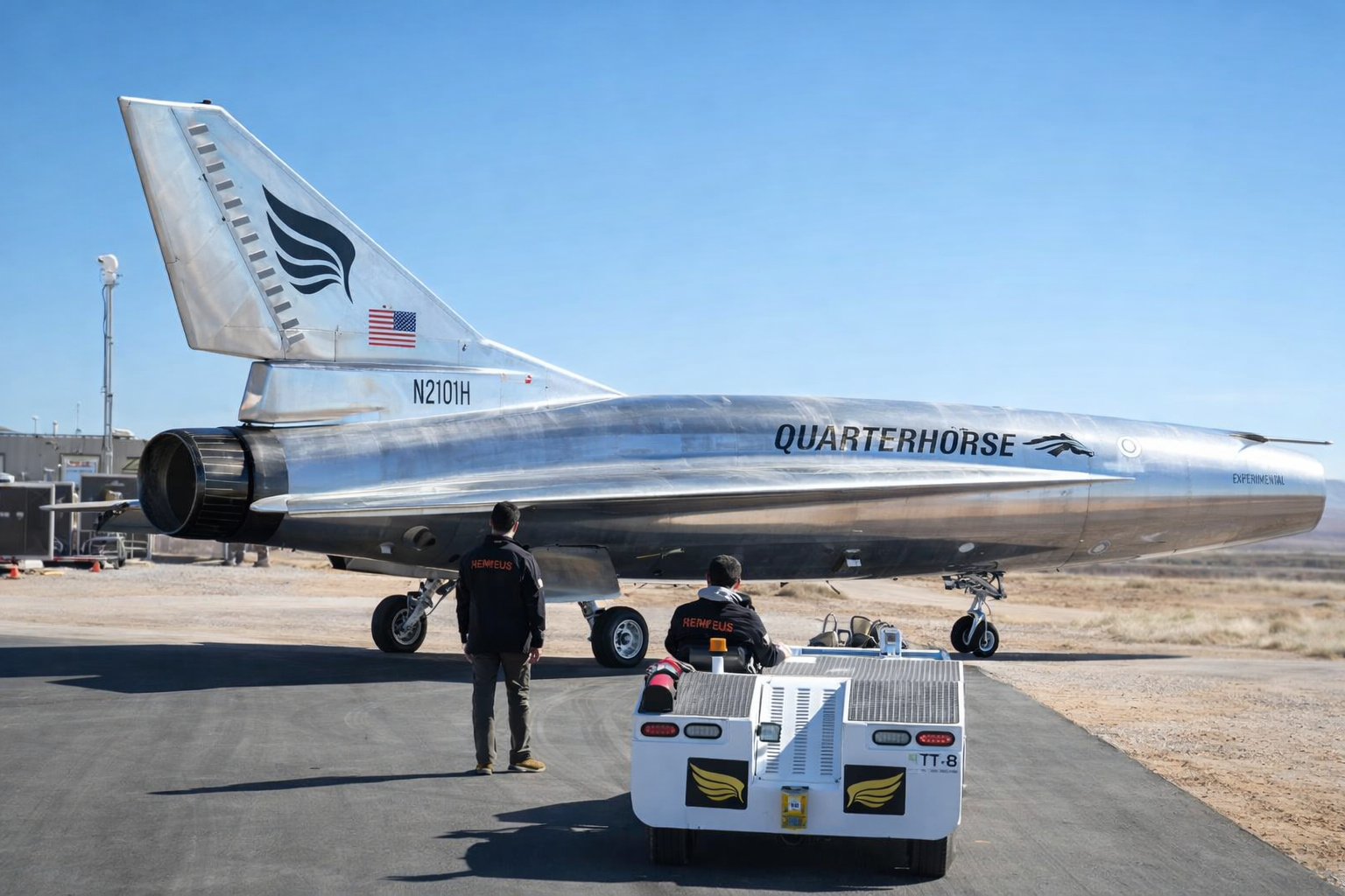 Drone supersônico Quarterhorse Mk 2.1 da Hermeus em pista de testes no Novo México.