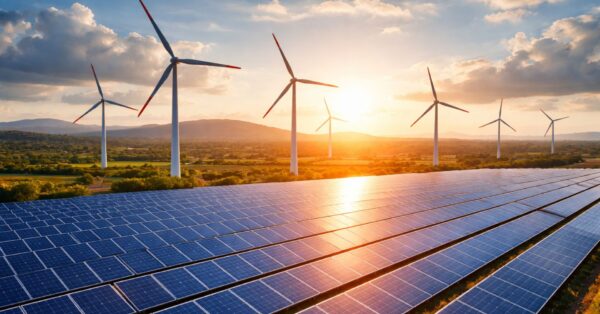 Parque de energia renovável no Rio Grande do Norte com fileiras de painéis solares em primeiro plano e turbinas eólicas ao fundo durante o pôr do sol.