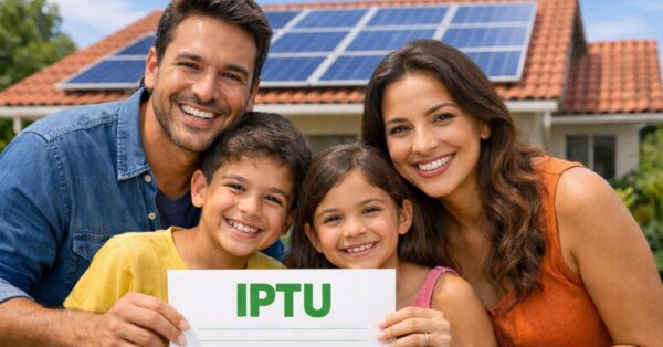 Família brasileira feliz segurando documento do IPTU com destaque em verde em frente a casa com painéis de energia solar no telhado.