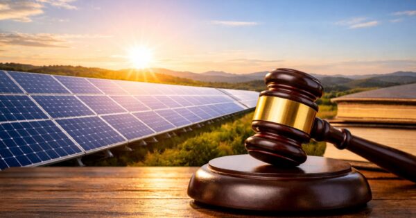 Martelo da justiça sobre mesa com painéis solares ao fundo simbolizando debate sobre mudanças na Lei Federal da energia solar no Brasil.