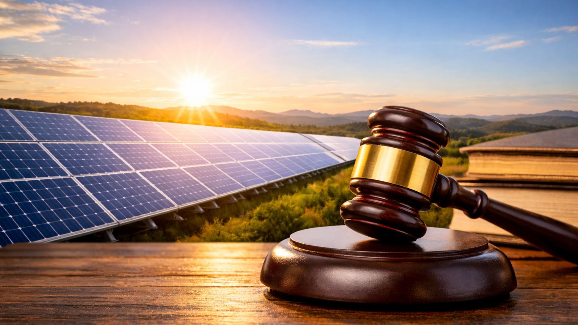 Martelo da justiça sobre mesa com painéis solares ao fundo simbolizando debate sobre mudanças na Lei Federal da energia solar no Brasil.