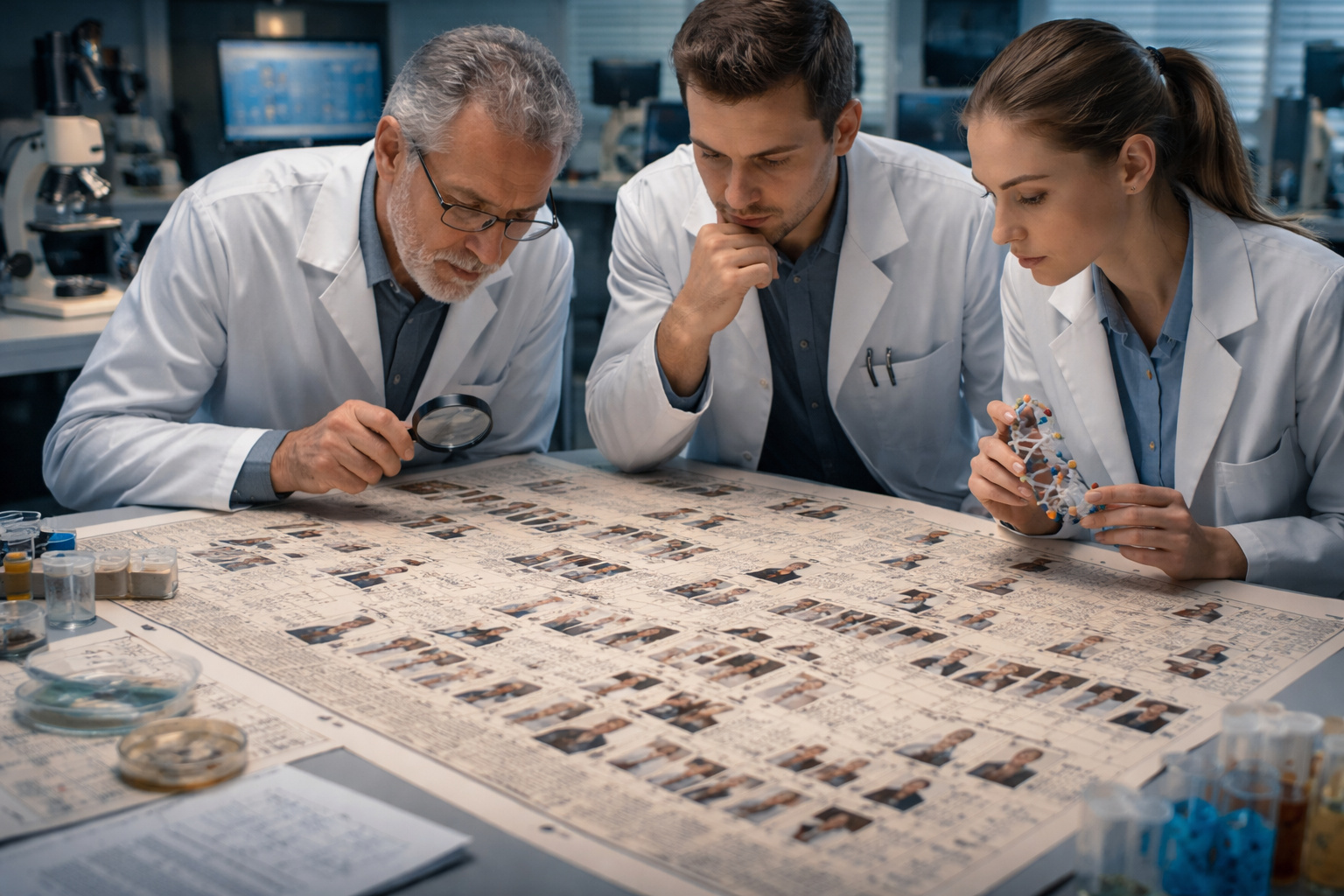 Cientistas analisando árvore genealógica em laboratório enquanto estudam padrão incomum de nascimentos masculinos ligado a possível gene raro associado ao cromossomo Y.