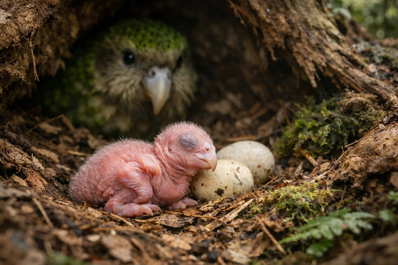 Filhote de kakapo recém-nascido em ninho monitorado por programa de conservação na Nova Zelândia