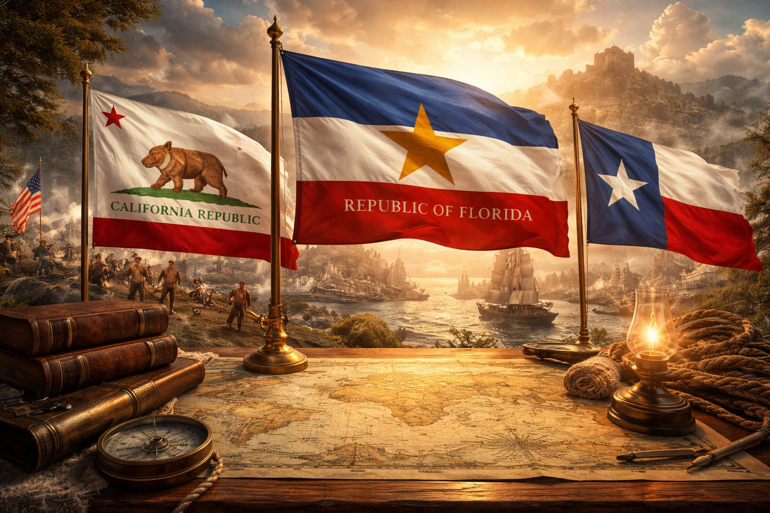 Mapa histórico antigo da Flórida sobre mesa de madeira com bandeira e documentos de época simbolizando independências breves na história mundial