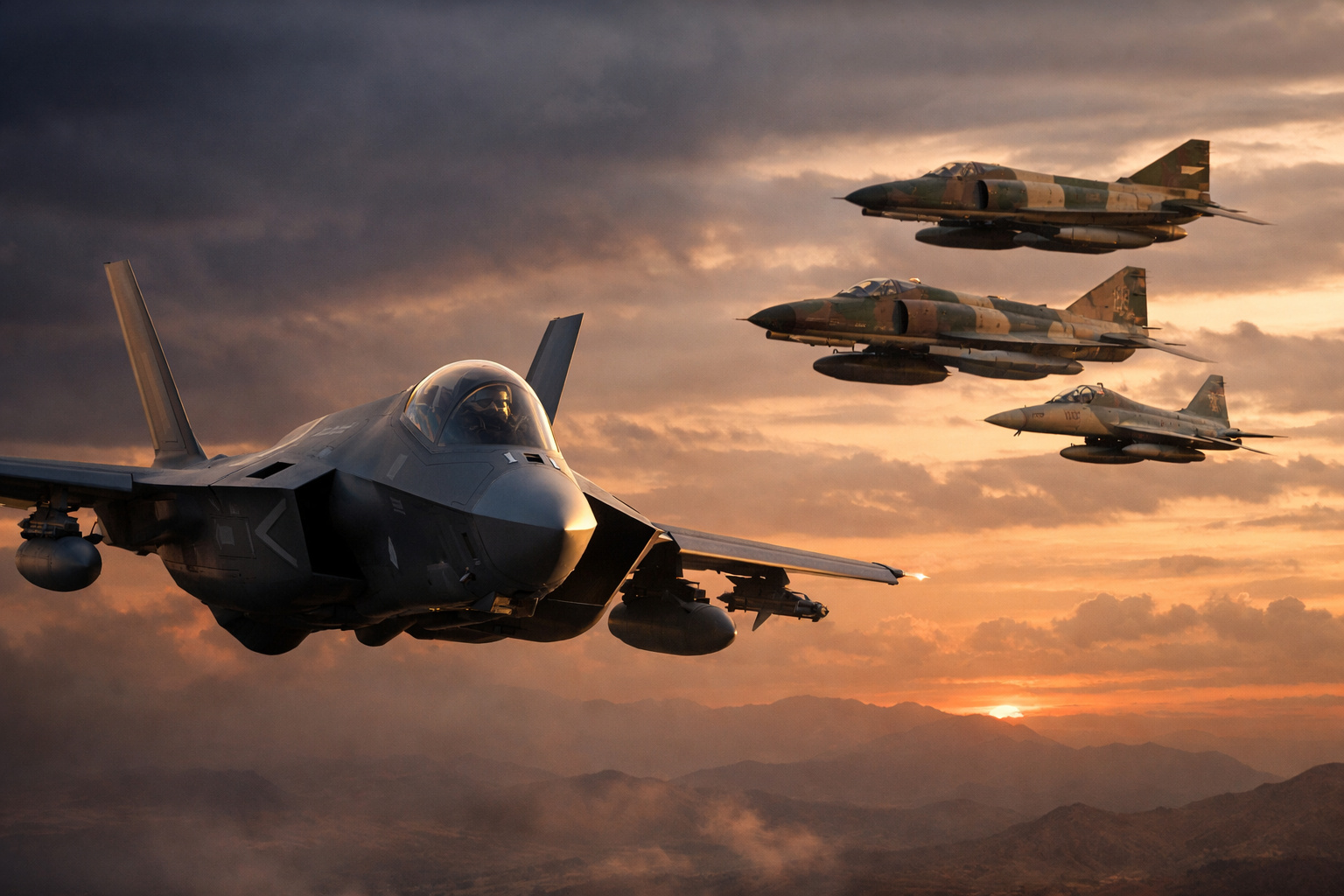 Comparação entre caça F-35 israelense moderno e aeronaves antigas da força aérea do Irã da década de 1960.