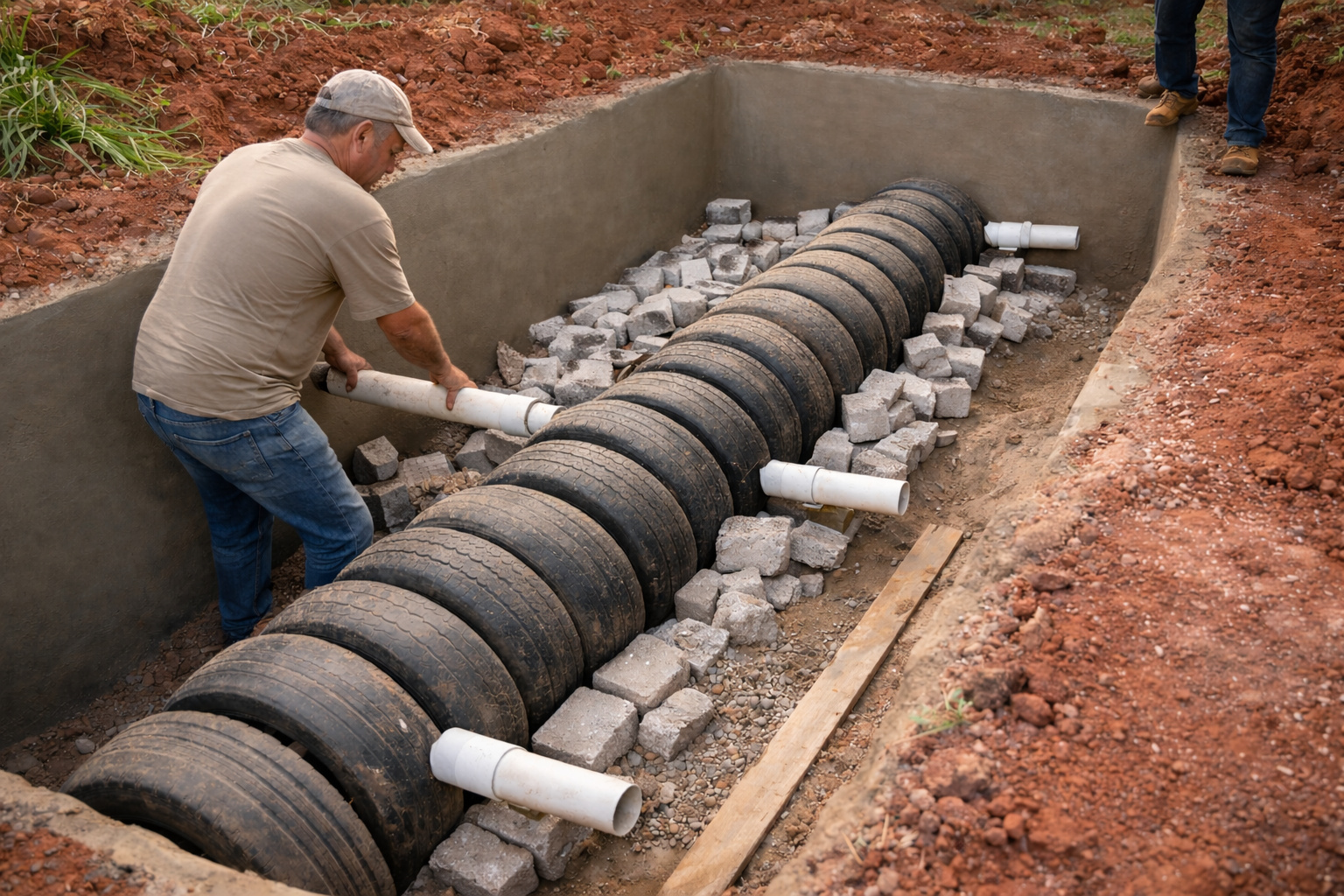 Fossa ecológica feita com pneus surge como solução de baixo custo para terrenos sem saneamento e pode ser montada por menos de R$ 200