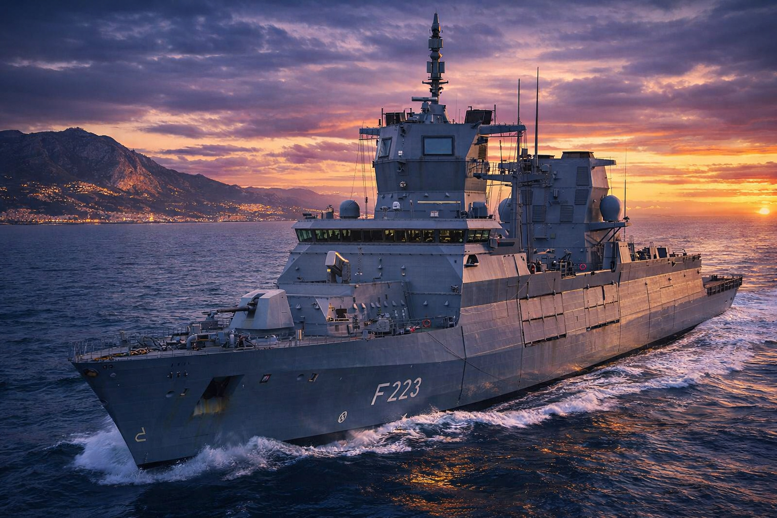 Fragata alemã Nordrhein-Westfalen navegando próxima à ilha de Chipre no Mediterrâneo Oriental durante reforço militar aliado.