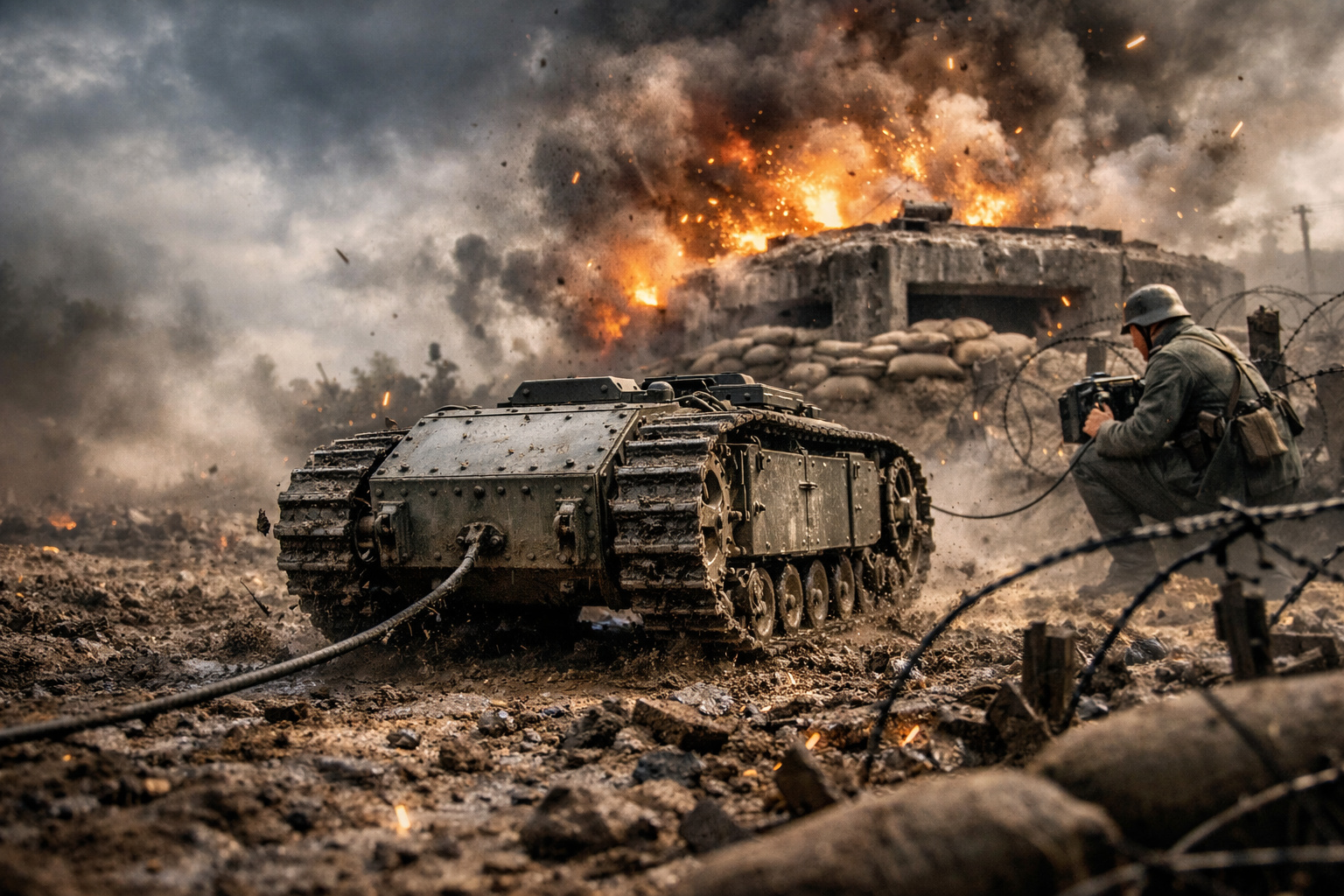 Com cerca de 370 kg e carregando dezenas de quilos de explosivos, o Goliath alemão da Segunda Guerra era controlado por cabo à distância e avançava sozinho até fortificações inimigas para detonar sob comando remoto, tornando-se um dos primeiros veículos militares não tripulados da história e um precursor dos drones de combate modernos