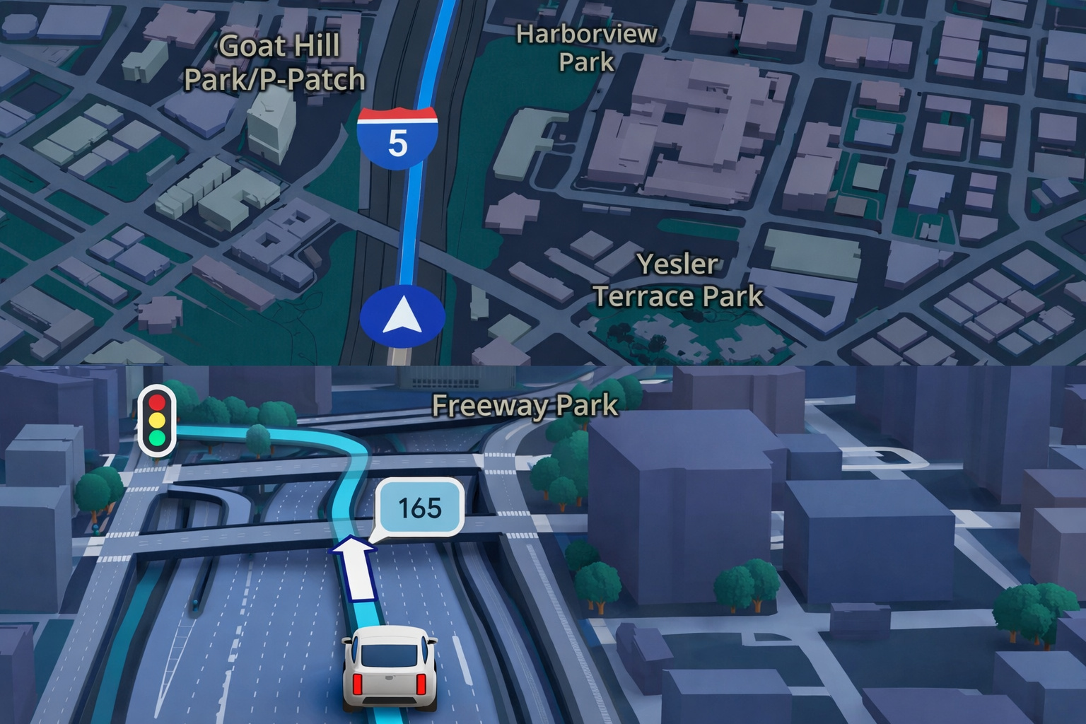 Interface do Google Maps com navegação por GPS mostrando rota em mapa 2D e visualização 3D de estrada com carro seguindo direção indicada.